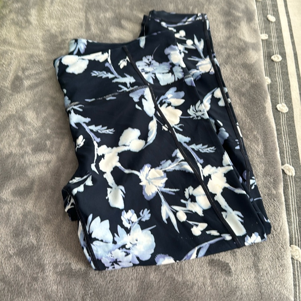 Athleta leggings, size L, inseam 24”, Multi color. Navy blue, white and purple.